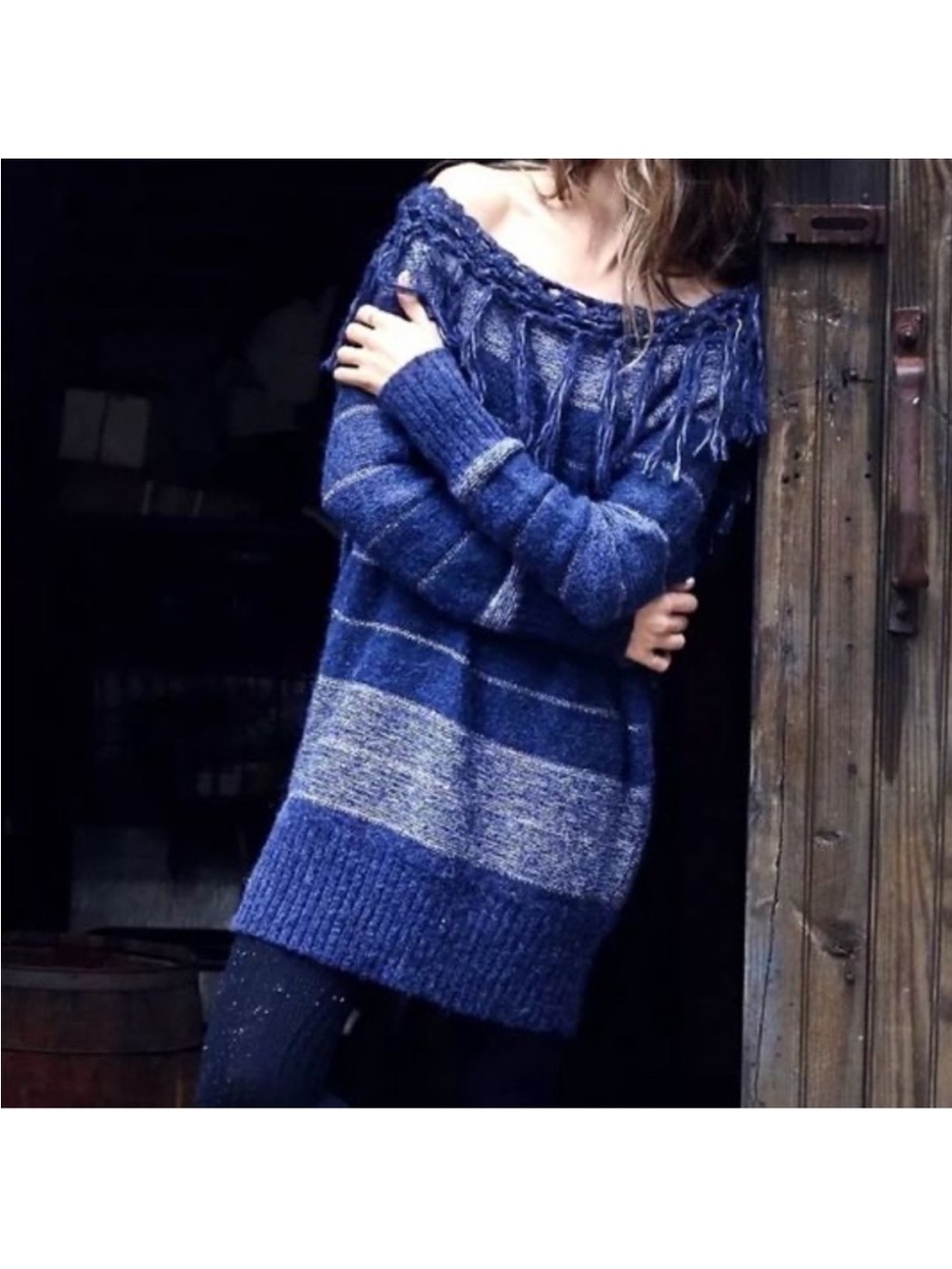 Free People Blue Striped Off Shoulder Tunic Alpaca Sweater Size M
